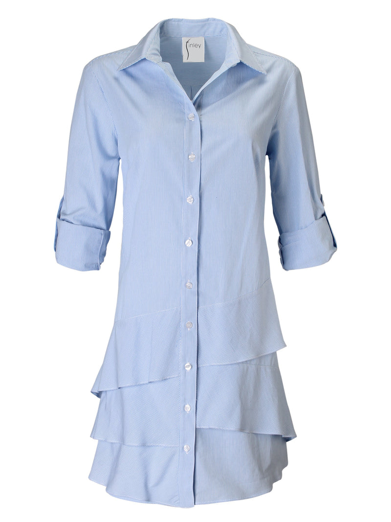 A frontal view of the Finley Jenna dress, a blue and white striped cotton shirtdress with bias flounces accents.