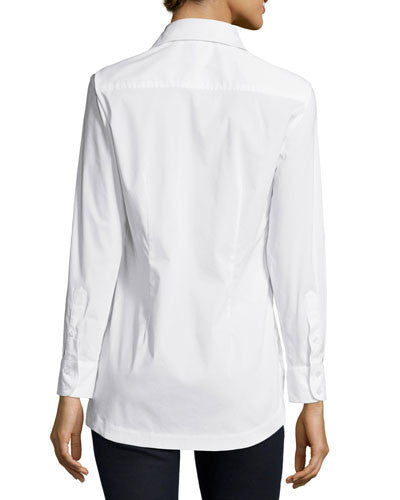A rear view of the Finley Joey blouse, a black button-down poplin shirt with a tailored fit.