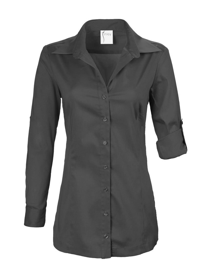 A front view of the Finley Joey blouse, a black button-down poplin shirt with a tailored fit.