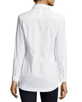 A front view of the Joey poplin shirt, a white button-down blouse with a tailored fit and tabbed sleeves.