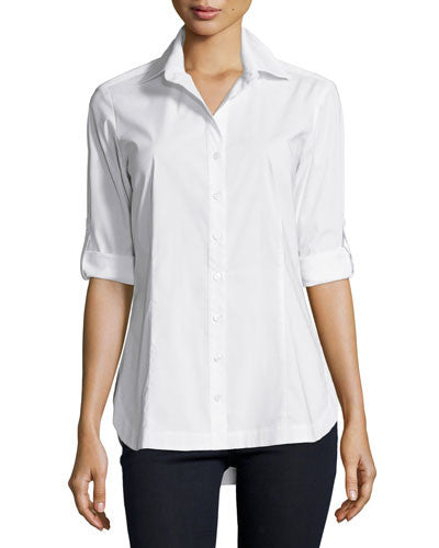 A front view of the Joey poplin shirt, a white button-down blouse with a tailored fit and tabbed sleeves.