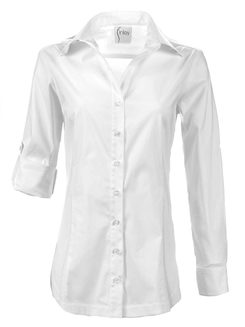 A front view of the Joey poplin shirt, a white button-down blouse with a tailored fit and tabbed sleeves.