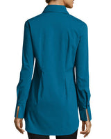 A rear view of the Finley Kaylynn tunic, a black button-down tunic style blouse with French detailing.