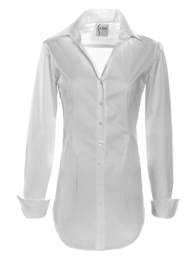 A front view of the Finley Kaylynn tunic, a white button-down tunic style blouse with French detailing.