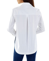 Back of the Finley Keller blouse, a casual white poplin button-down shirt with a high shirttail and a relaxed fit.