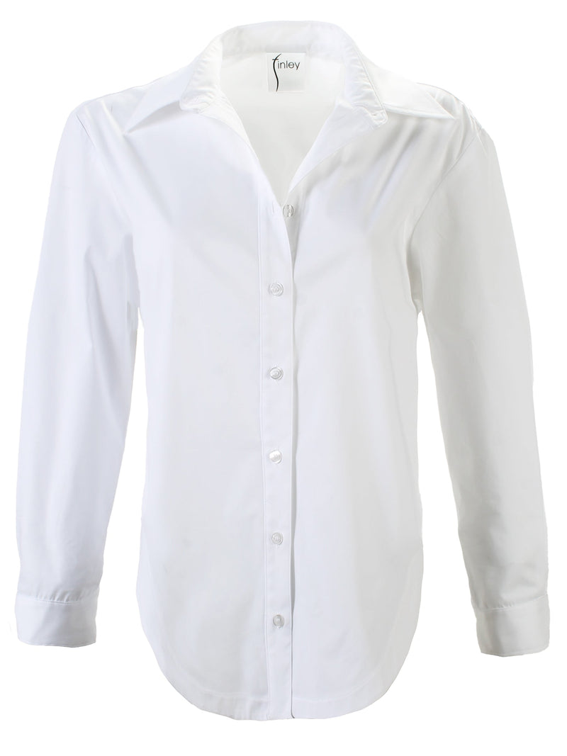 A frontal of the Finley Keller blouse, a casual white poplin button-down shirt with a high shirttail and a relaxed fit.