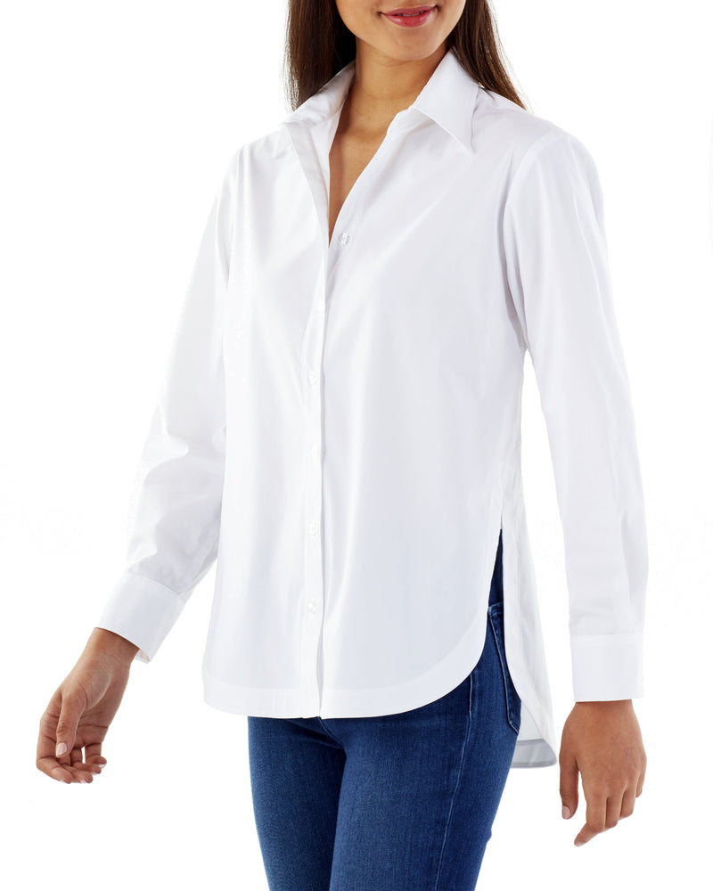 Front of the Finley Keller blouse, a casual white poplin button-down shirt with a high shirttail and a relaxed fit.