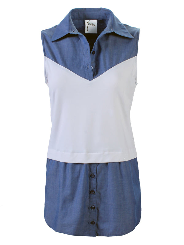A front view of the Finley layering tank, a chambray sleeveless button-down blouse with a shirt tail hem and a knit bodice.