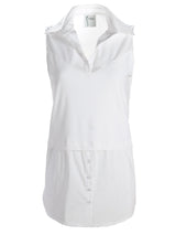 A front view of the Finley layering tank, a white sleeveless button-down blouse with a shirt tail hem and a knit bodice.