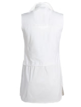 A rear view of the Finley layering tank, a white sleeveless button-down blouse with a shirt tail hem and a knit bodice.