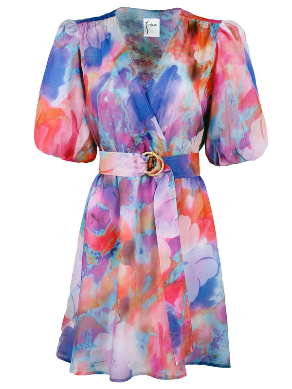 The Finley Lilly dress, a cotton tie front midi wrap dress with blouson sleeves and a tropical multicolor print.