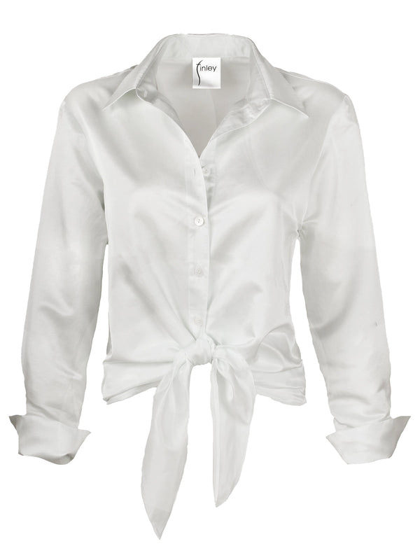 A front view of the Finley Lindy shirt, a black button up silk-cotton blouse with a semi-fitted shape and a tie front.