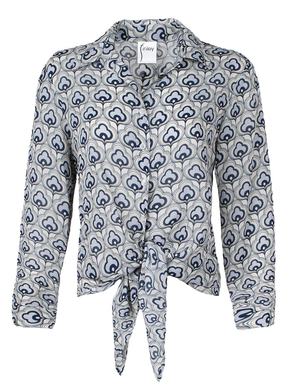 The Finley Lindy blouse, a 100% viscose button up blouse with a front tie, long sleeves, and a metallic gray cloud pattern.