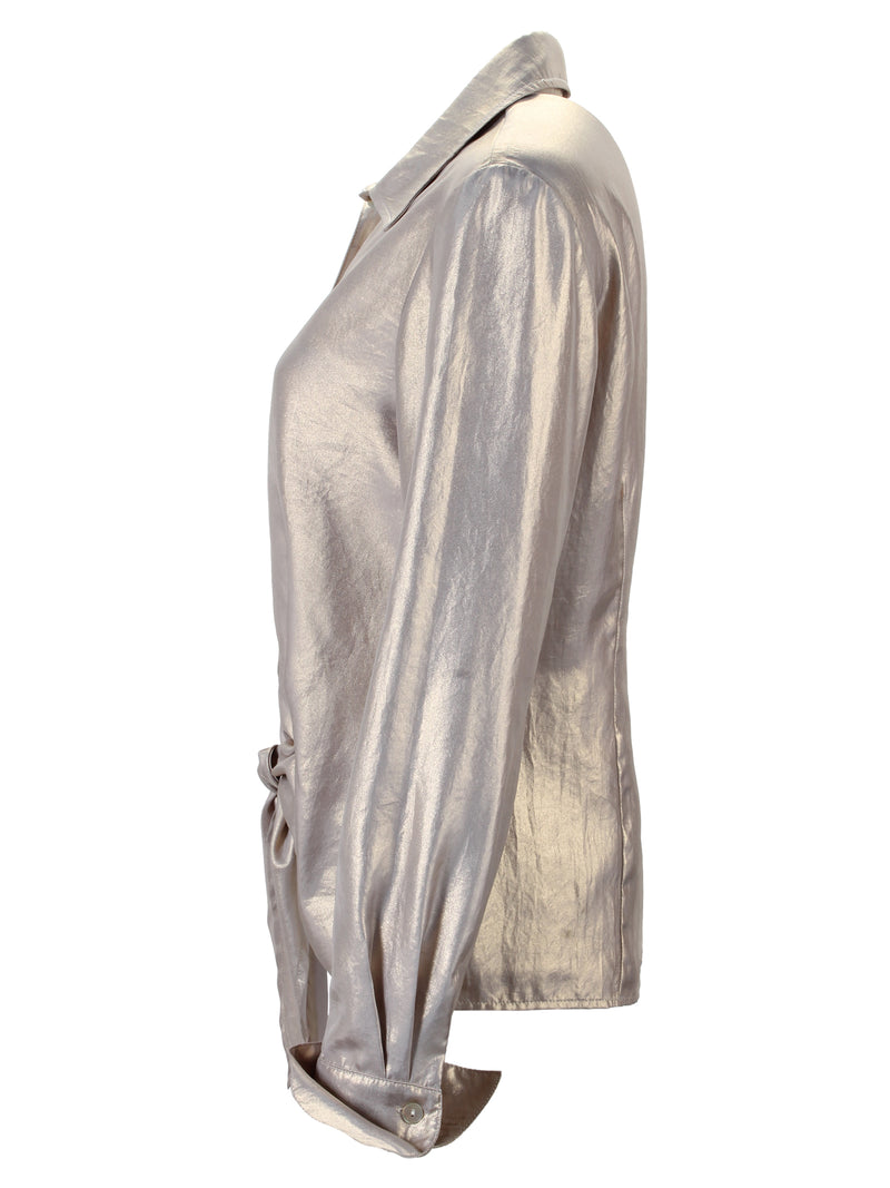 The Finley Lindy blouse, a silver button up front-tie silk/cotton shirt with a semi-fitted shape a faux French cuff.