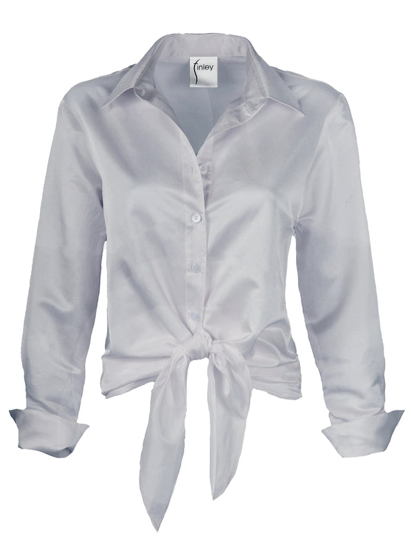 The Finley Lindy blouse, a silver button up front-tie silk/cotton shirt with a semi-fitted shape a faux French cuff.