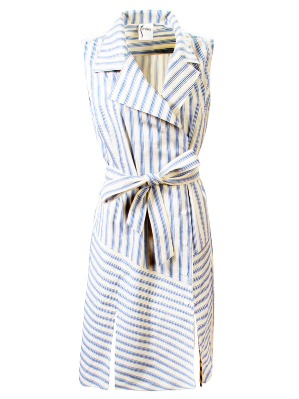 A front view of the Finley Marni dress, a sleeveless double-breasted dress with a blue stripe pattern and a tie front.