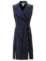 The Finley Marni dress, a sleeveless tie front fitted navy midi dress with a portrait collar.
