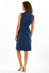 The Finley Marni dress, a sleeveless tie front fitted navy midi dress with a portrait collar.