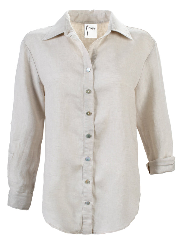 A front view of the Finley Monica blouse, a washed linen button-down shift with a relaxed fit and a natural gray color.