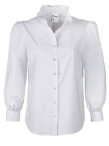 A front view of the Finley Mystie blouse, a white long sleeve button up silky poplin shirt with a ruffle neckline.