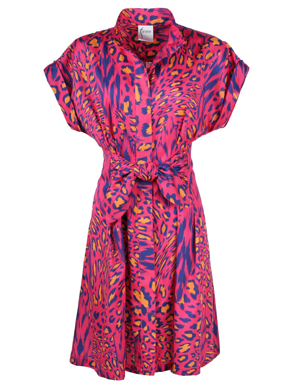 The Finley Rocky dress, a midi tie-front cotton dress with a flared shape, cap short sleeves, and a pink cheetah pattern.