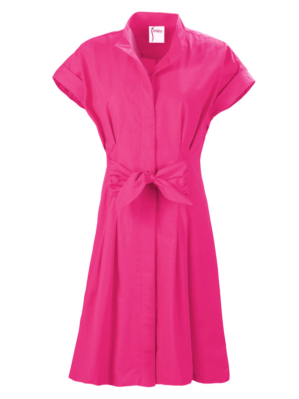The Finley Rocky dress, a fuchsia pink cotton tie front midi dress with a band collar, hidden buttons, and fitted fit.