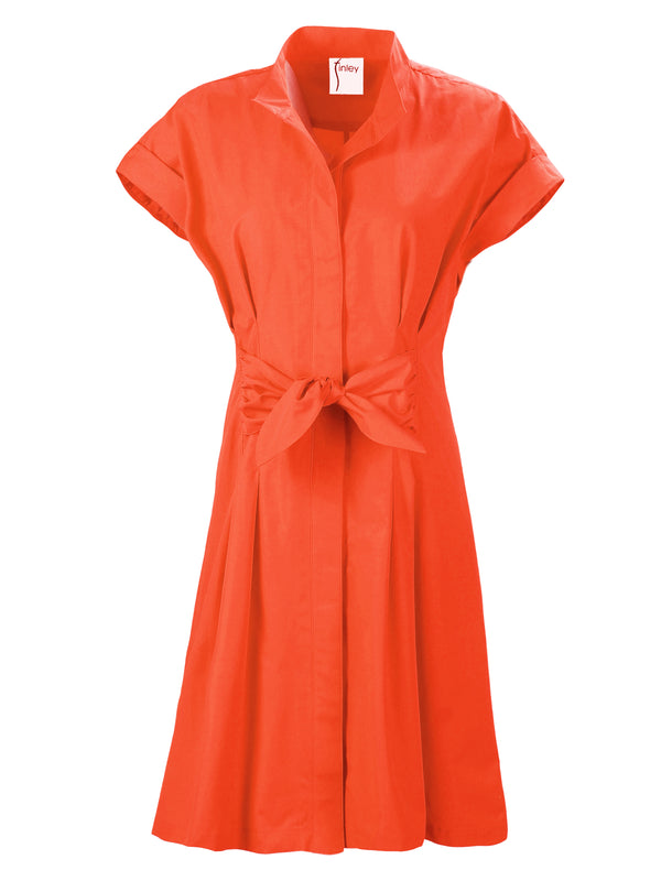 The Finley Rocky dress, a bright orange cotton tie front midi dress with a band collar, hidden buttons, and fitted fit.