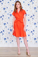 The Finley Rocky dress, a tie front midi orange designer shirt dress with a band collar, hidden buttons, and fitted fit.