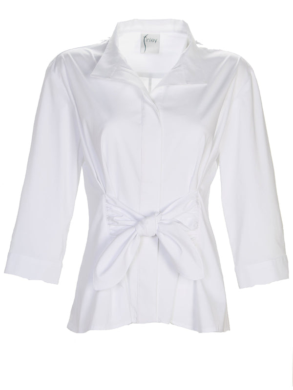 The Finley Rocky blouse, a 3/4 sleeve white weathercloth button down blouse with a front tie and a fitted shape.