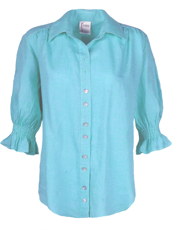 The Finley Sirena shirt, a casual turquoise button-down short sleeve washed linen puff sleeve blouse.