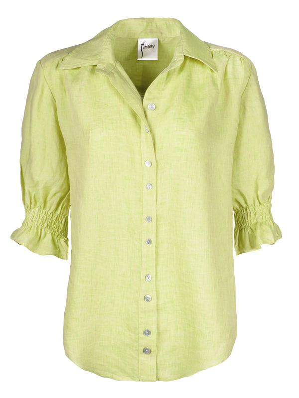 The Finley Sirena shirt, a button-down short sleeve washed linen puff sleeve blouse with a key lime green color.
