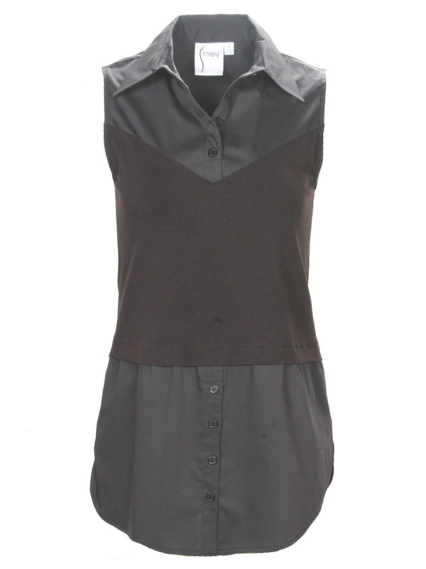 The Finley layering tank, a black sleeveless button-down blouse with a shirt tail hem and a knit bodice.