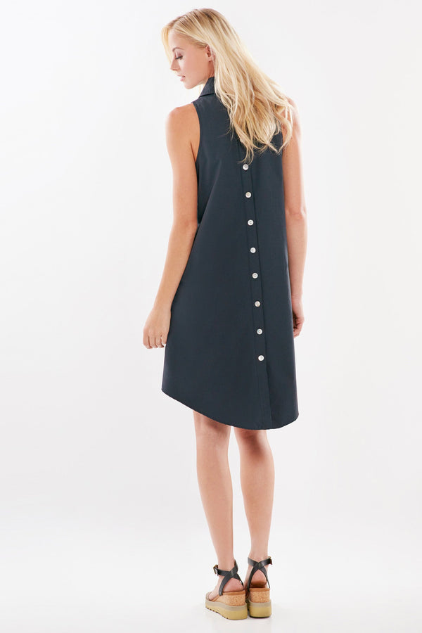 The Finley swing dress, a casual sleeveless poplin button down midi dress (navy).