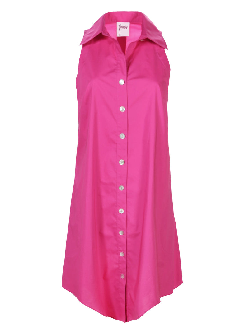 The Finley swing dress, a casual sleeveless cotton poplin button down midi dress in a hot pink fuchsia color.