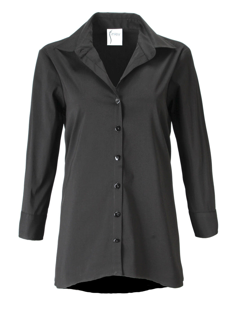 A front view of the Finley trapeze top, a black button-down tunic blouse with an A-line shape and a relaxed fit.