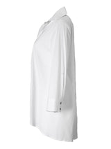A rear view of the Finley trapeze top, a black button-down tunic blouse with an A-line shape and a relaxed fit.