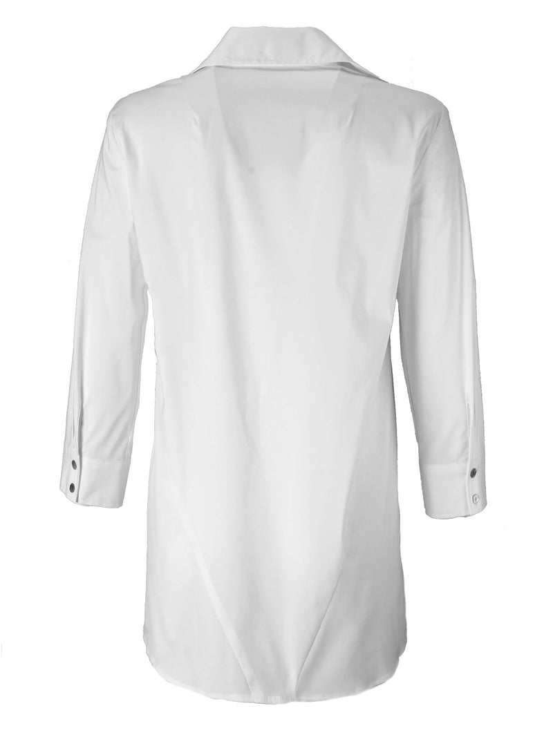 A rear view of the Finley trapeze top, a white button-down tunic blouse with an A-line shape and a relaxed fit.