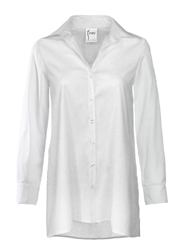 A front view of the Finley trapeze top, a white button-down tunic blouse with an A-line shape and a relaxed fit.