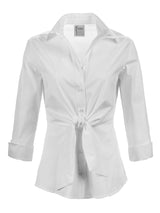 A front view of the Finley Walter blouse, a white 3/4 sleeve cotton button-down shirt with a tie-front waist