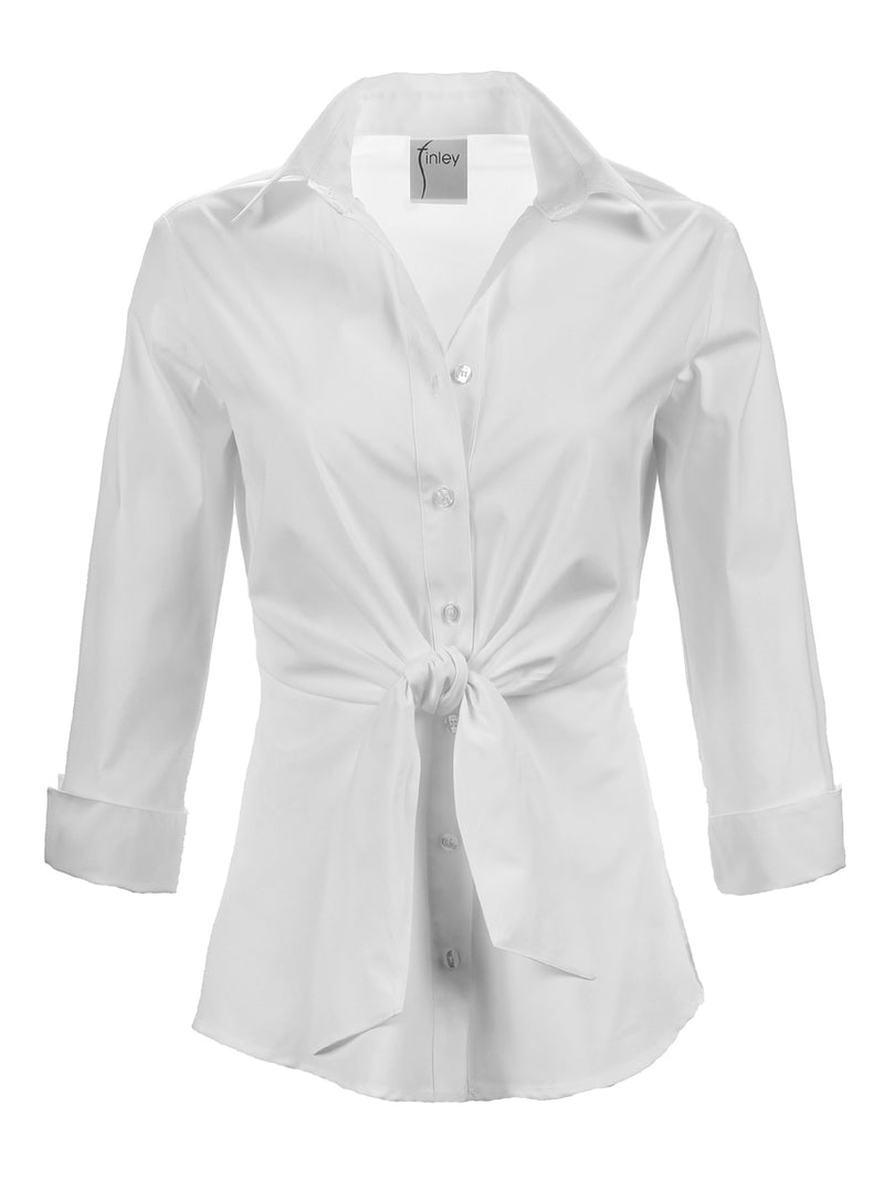 A front view of the Finley Walter blouse, a white 3/4 sleeve cotton button-down shirt with a tie-front waist